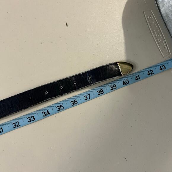 Vintage 90s USA Made Blue Black Genuine Leather Double Gold Buckle Belt Size XL - Picture 8 of 12